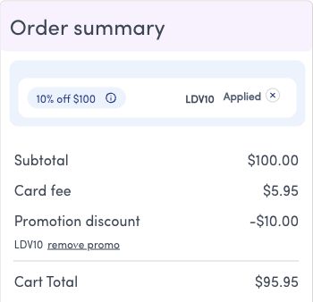 Giftcards.com checkout: $100 card, $5.95 fee, $10 LDV10 discount, $95.95 total